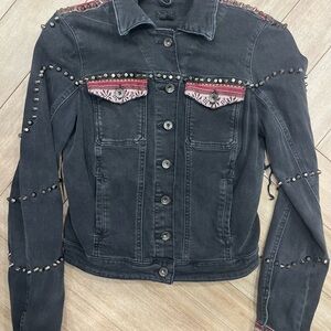 Guess Black Studded Denim Jean Jacket with Leather Fringe and Western Details
